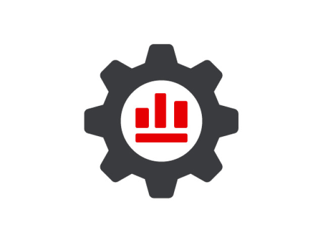 Icon Automatisierung: Ein Zahnrad mit rotem Balkendiagramm als Symbol f&uuml;r datengetriebene Prozessoptimierung im Finanzwesen.
