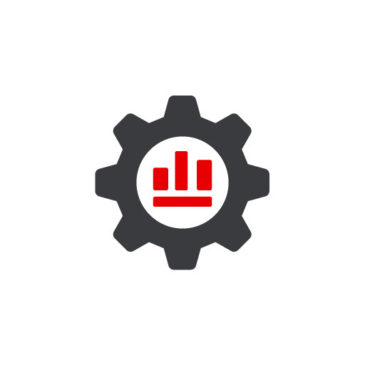 Icon Automatisierung: Ein Zahnrad mit rotem Balkendiagramm als Symbol f&uuml;r datengetriebene Prozessoptimierung im Finanzwesen.
