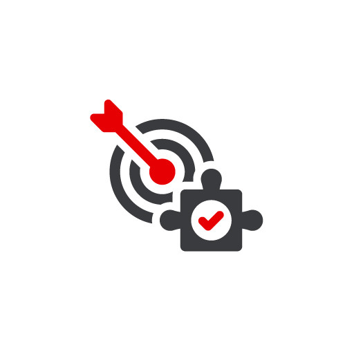 Icon Post Merger Integration: Zielscheibe mit Volltreffer und ein abgehaktes Puzzleteil als Symbol f&uuml;r die erfolgreiche Zusammenf&uuml;hrung von Unternehmen und Prozessen