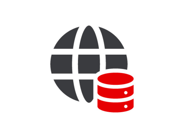 Icon ESG-Reporting: Weltkugel mit roter Datenbank als Symbol f&uuml;r die systemseitige Implementierung und Management von Nachhaltigkeitsdaten.