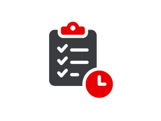 Icon Projektmanagement: Klemmbrett mit Checkliste und roter Uhr als Symbol f&uuml;r strukturierte Planung und Termintreue.