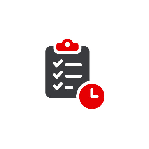 Icon Projektmanagement: Klemmbrett mit Checkliste und roter Uhr als Symbol f&uuml;r strukturierte Planung und Termintreue.