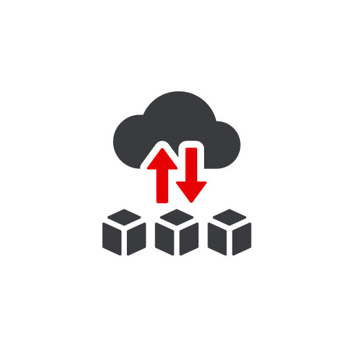 Symbolbild f&uuml;r ERP-Implementierung und Systemeinf&uuml;hrung: Eine schwarze Wolke mit roten Pfeilen, die auf drei Pakete darunter zeigen.